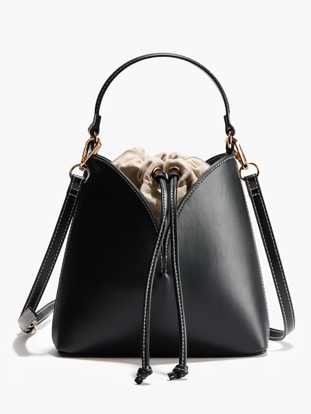 H&M Black faux Leather Drawstring Bucket Bag with Beige Liner